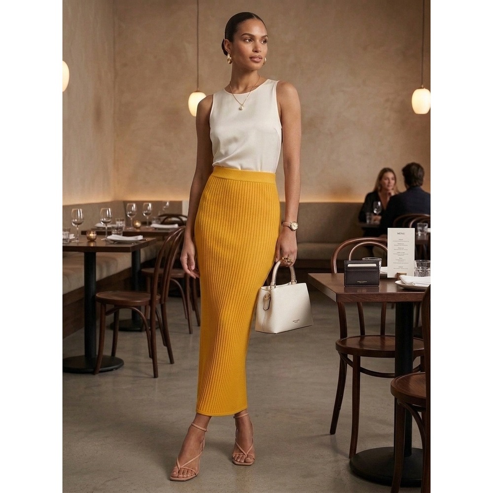 By Egreis Skirt Women Yellow Ribbed Knit Maxi Skirt High Waist Stretch Size XS